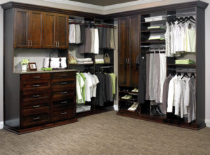 Walk-in closet with dark brown cabinetry, shelving, and clothes hanging