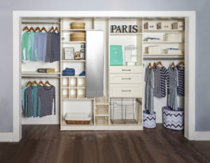 Reach-in closet with organizers installed